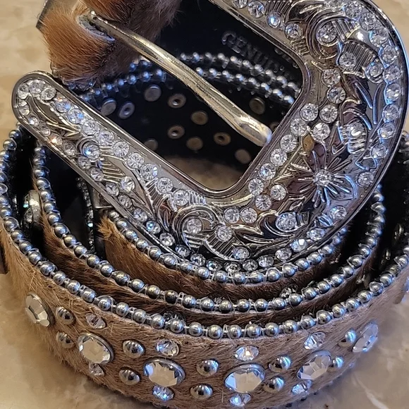 PASSPORT IMPORTS Genuine Leather Embellished Pony Hair Belt, Sz S/M Classic Pony Hair Leather Belt – Tibi Official main image 3